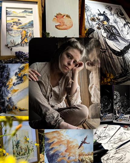 Photo d'une personne féminine au centre. Tout autour des photos d'aquarelles qu'elle a réalisées. Univers imaginaire : une souris regardant la lune, une femme dansant dans la brume, des abeilles en quête, un dragon dans le ciel de nuage, des cartes à colorier, un épouvantail dans un champs de tournesol, un renard en boule.