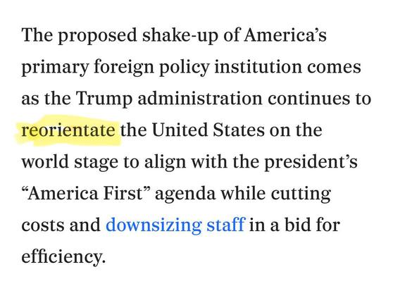 Clip from a Philadelphia Inquirer article that reads: The proposed shake-up of America’s primary foreign policy institution comes as the Trump administration continues to reorientate the United States on the world stage to align with the president’s “America First” agenda while cutting costs and downsizing staff in a bid for efficiency. 

The (non)word "reorientate" has been highlighted.