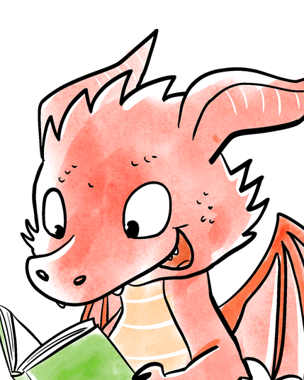 Comic Illustration: Zoom-In aus der großen Illustration, der Kopf des erwachsenen roten Drachen ist im Detail zu sehen