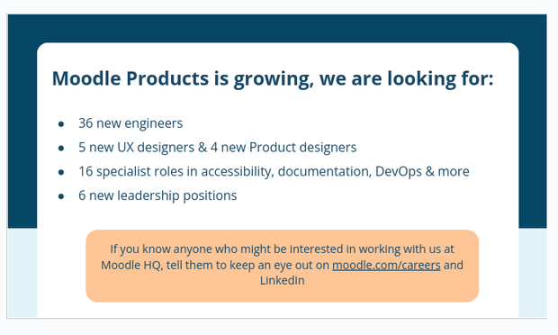Moodle Products is growing, we are looking for:

36 new engineers 
5 new UX designers & 4 new Product designers
16 specialist roles in accessibility, documentation, DevOps & more 
6 new leadership positions

If you know anyone who might be interested in working with us at Moodle HQ, tell them to keep an eye out on moodle.com/careers and LinkedIn
