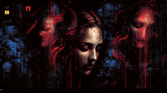 Échos Cramoisis.
Portrait éclaté d’une femme en multiples expressions, traversé de traits rouges et bleus dans une composition abstraite et émotionnelle.
Fragmented portrait of a woman in multiple expressions, streaked with red and blue in an abstract and emotional composition.