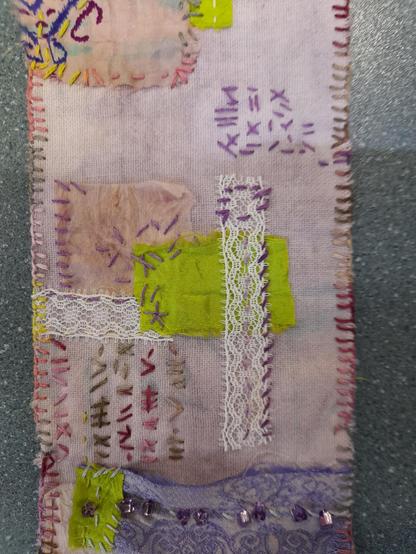 The collage is not only for seeing, it has a texture to touch. Stitches made like letters of an unknown language, lace, silk and tea bag paper - plus emboidered glass beads.