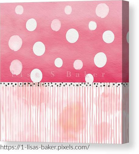 Fun pink art, top half is a pink background with white polka dots, bottom half is pink and white stripes. Art by Lisa S Baker.