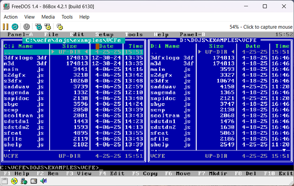 screenshot of a norton commander like dos file manager. it is running in 86box.
