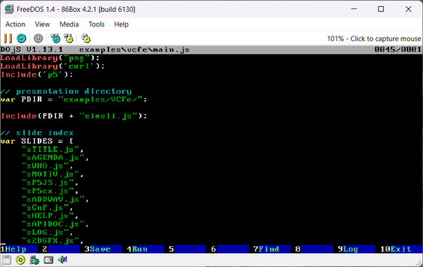a text mode editor showing javascript code. it is running in 86box.