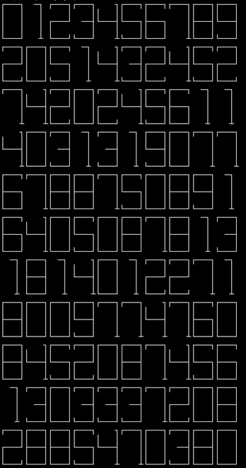 A slightly mesmerising grid of numbers, in thin white type on a black background. Some inspection reveals that the numbers are made up from DOS line-drawing characters, so that they have a very recti-linear look to them. The shapes are also vaguely reminiscent of LED 7-segment displays. Because of a quirk in the DOS line-drawing character set, it is possible to terminate a stroke at the baseline or top-line without putting a little tick to the left or right on it.

The actual numbers are not particularly important (they are randomly chosen by a computer program), but the first row is the digits 0 through 9.