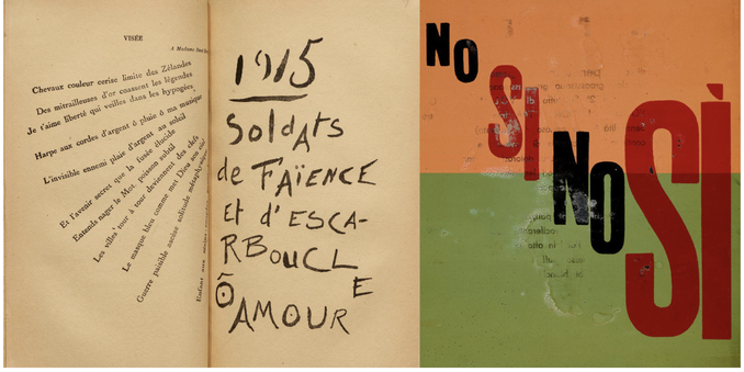 3 pages featuring concrete poetry. The left has sentances like streams across the page, the middle has painted words and letters, the 3rd is colourful bold printed lettering