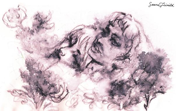 Ink sketch of two people laying on flowers