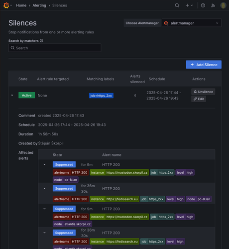 Screenshot from grafana showing several silenced alarms about a website not responding.