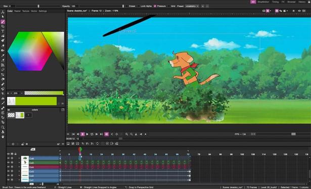 🕶️ A view of its IU, with a cartoon featuring a young dog running on its 2 hind legs on the main panel, the timeline divided into 6 zones below the scene, and a drawing area on the left, with its various tools in the form of icons and parameter boxes.

📚️ Tahoma2D is a fork of OpenToonz, a libre, multi-platform and mature 2D bitmap and vector animation (motion design) tool. Initially developed and used by studios Ghibli (under the name Toonz) and Dwango (which adapted it, used it for its own needs and freed it), it is now used by major studios for short and feature films, and series. It integrates the complete design chain for import, drawing, animation and effects, and can be extended via plugins. Tahoma2D brings to its predecessors simplified project management, a streamlined workspace, a status bar with tips for novices, style set management, a perspective grid tool, a symmetry tool, referenced fills, timeline folders, live clipping masks, and DSLR camera support.