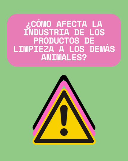 Fondo verde menta, en un rectángulo rosa en letras blancas el texto: ¿Cómo afecta la industria de los productos de limpieza a los demás animales?
Debajo el dibujo de un triángulo amarillo de advertencia .