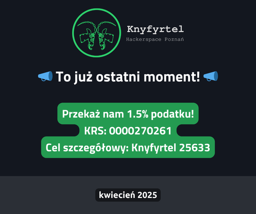 Grafika z tekstem zachęcająca do wpłaty 1.5% podatku. Zawiera numer KRS i cel szczegółowy.