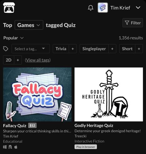 To games tagged quiz on itch sorted by popular. Fallacy quiz comes first