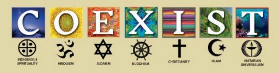 Coexist panel of world theology symbols.