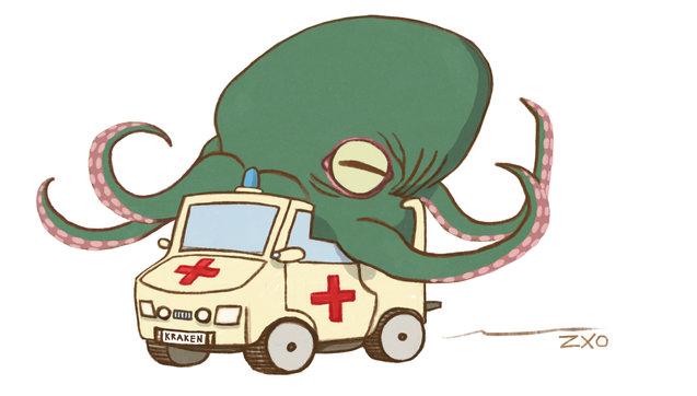 An ambulance with it's roof taken off to make place for a large octopus to sit inside it. The octopus seem happy and the license plate says "KRAKEN".
