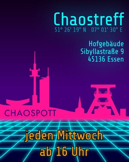 Ankündigung Chaostreff: Jeden Mittwoch in der Sibyllastr. 9, 45136 Essen