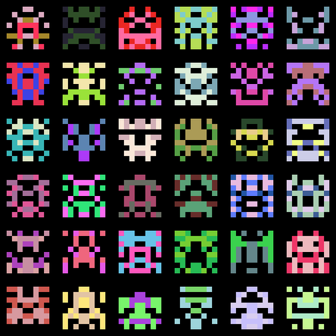 a 6x6 grid of multicolored 8x8 pixel aliens a la space invaders