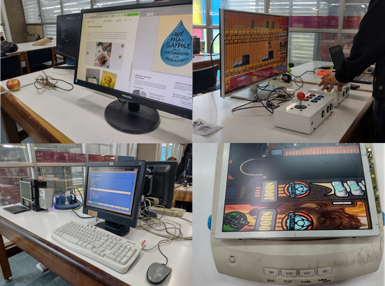 Stands: Proyecto de sensores ambientales, escáner transformado en consola de videojuegos, computadoras antiguas con juegos retro, jukebox con partes recicladas de notebooks.