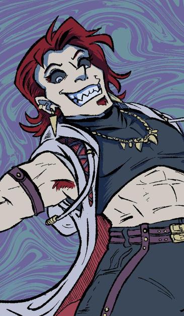 work in progress image of a grinning red headed man in a black crop top, long hooded white cardigan top and black high waist shorts. He is muscular but has darkened inhuman eyes.