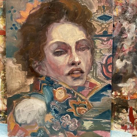 A woman with hair swept up in profile, but heat turned toward viewer, looking over shoulder & head tilted up. She wears a coat of Persian rug pattern that merges with the pattern behind. Part of the pattern makes a golden crown on her head.