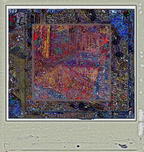 The asemic composition suggests a degrading layered text aging - the colours and contrasts resemble alternative photographic processes.