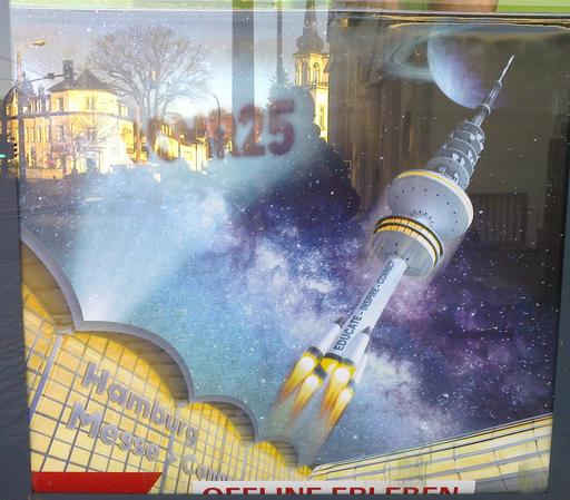 An advertising poster showing the Hamburg television tower launching as rocket into the sky. In the background: Hamburg fair.