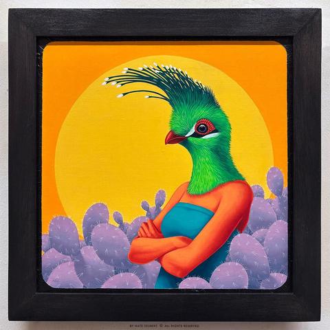 An oil painting of a woman with a turaco bird head with a large crest, her arms are crossed. She is surrounded by cacti. The sun fills the background.