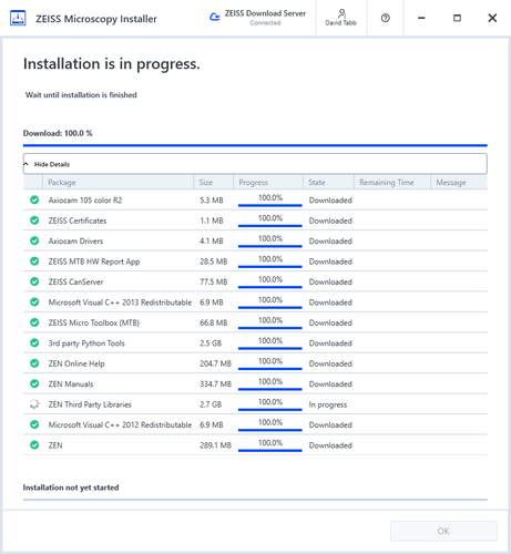 Screenshot of installer, showing thirteen different components for the "lite" version of this software.  The two largest exceed 2GB for this image analysis software.
