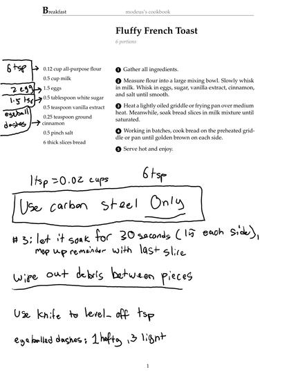 A page detailing the instructions on how to make french toast
