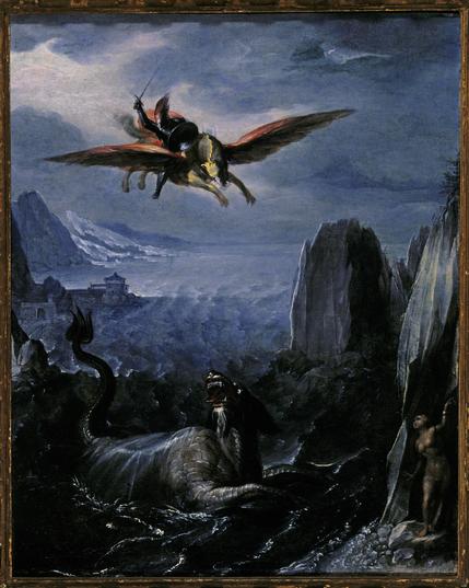 a naked woman is chained to a cliff on a rocky beach in front of a sea monster.  The monster is looking up in the air in anguish or rage at a sword-wielding knight on a winged steed.  The context seems to be that the sword is intended for the monster.  The sky seems dark with clouds and possibly an impending storm