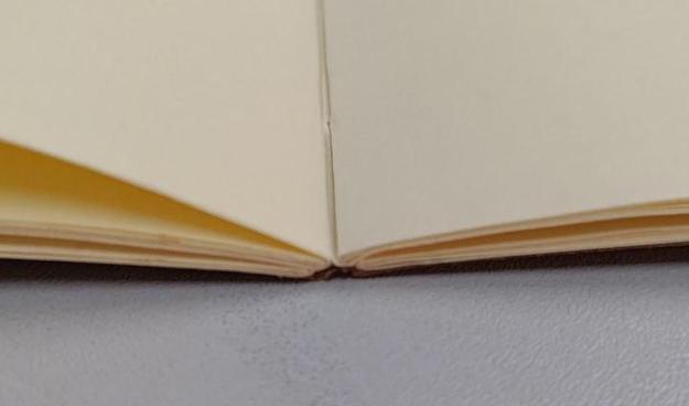 Detalhe da encadernação, com o caderno aberto, mostrando as páginas de cor creme totalmente em branco, sem linhas, sem pontilhado nem quadriculado. O caderno é formado por 4 blocos de 4 folhas, dobradas ao meio e costuradas. Uma camada de cola dá integridade à lombada e fixa a capa.