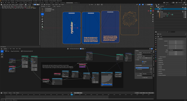 Blender with the Geometry Nodes tab open. a 3D viewport is on top with 4 blue rounded rectangles with text inside, the last is faded out and higher than others. the node graph for the animation is below.