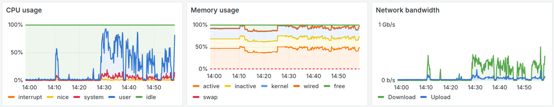 3 graphs showing CPU, Memory and bandwidth usage.