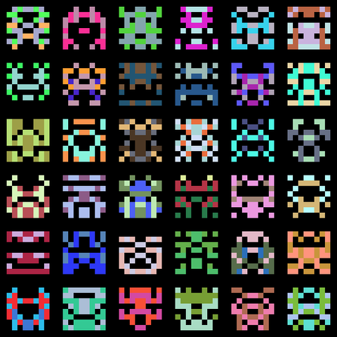a 6x6 grid of multicolored 8x8 pixel aliens a la space invaders