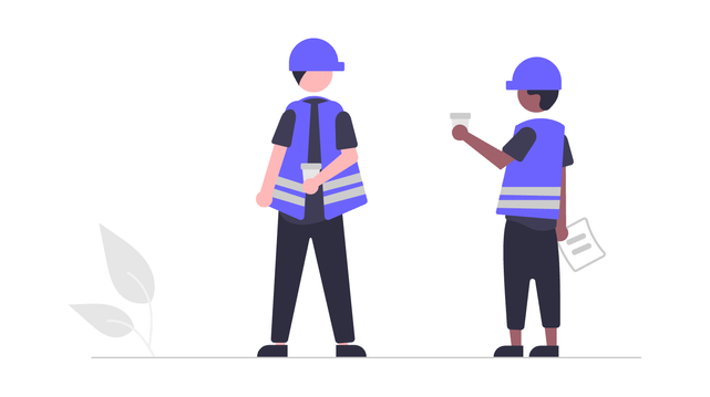 Two workers wearing construction hats and safety vests are holding coffee cups in their hands