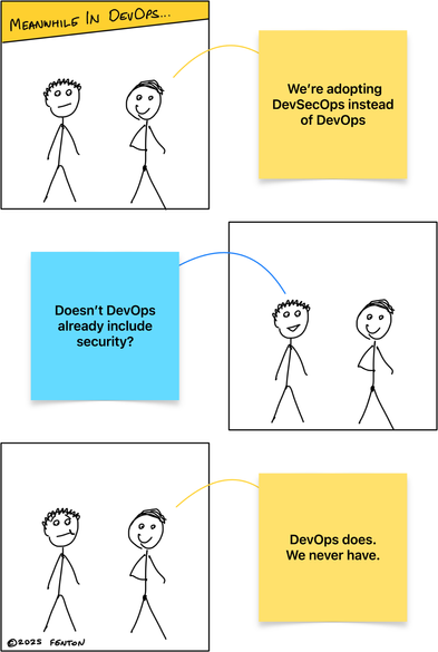 Murray and Arlo are discussing changes to their software delivery approach. Murray is looking happy and a little vacant.

“We’re adopting DevSecOps instead of DevOps,” Murray says.

“Doesn’t DevOps already include security?” Arlo asks.

“DevOps has,” Murray begins. “We never have.”