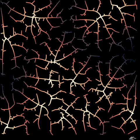The black background is covered with many branching structures reaching towards each other but not quite intersecting. They glow white in the center, fading to pink and purple at the tips.