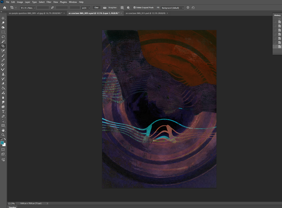 It's abstract art , so...yeah, hard to explain other than lots of muted tones with a concentric set of circular forms, and thin filaments of brighter color