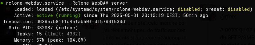 Capture d'écran du service rclone-webdav sur mon NAS utilisant 67M de RAM