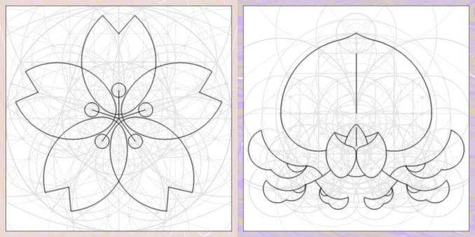 A line drawing of two flowers, a cherry and a wisteria, following the compass and straight-edge only rule. Underlying lines and circles are also drawn in light gray.