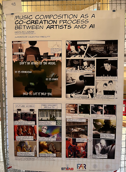Poster Title: "Music Composition as a Co-Creation Process Between Artists and AI" (Nicolas Lazzar, supervised by Valentina Presutti).

Description: A comic-strip narrative depicts the evolving human-AI relationship in music—from fear ("I'm afraid of what I don’t understand") to collaboration ("Astonishing!"). Dark, muted visuals show people with computers, instruments, and chess games symbolizing interaction.

Sections:
Future Work & Preliminary Results: Panels on music theory, ontology, and AI-assisted generation, with QR codes.

Logos: STLab, Future AI Research, Universities of Pisa & Bologna.

Mood: Academic yet artistic, hopeful about AI’s role in music despite initial apprehension.