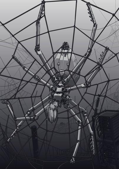 The search engine Arachne robot is responsible for crawling web pages. She connects server pillars to others using wires. She's turned upside down.