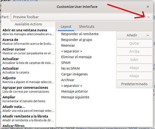 Captura de pantalla de la ventana "Customize User Interfaze", en el cliente de correo electrónico Evolution, mostrando todas las posibilidades de personalización.