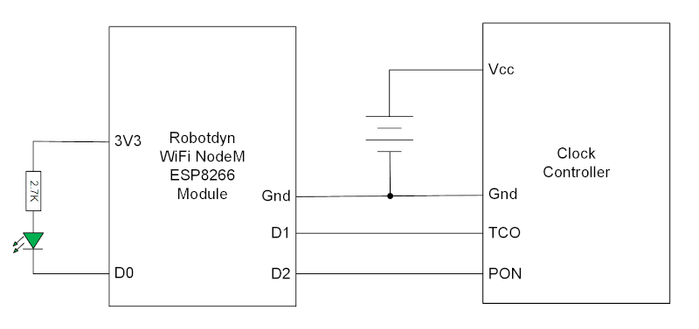 [ImageSource: jim11662418]

This modification was made all the easier by the fact that the WWVB receiver was its own PCB, connected to the clock’s main board by three wires: one for the clock signal, another that gets pulled low when the clock wants to turn on the receiver [usually these clocks only update themselves once a day], and of course, ground. It was simply a matter of connecting the ESP8266 dev board up to the two digital lines and writing some code that would mimic the responses from the original receiver.