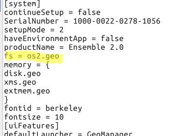 geos.ini screenshot with fs = os2.geos highlighted to indicate change needed for FreeDOS/DosBox