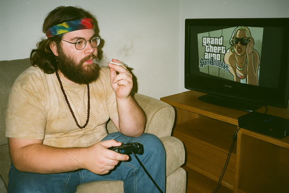 A bearded man with long hair, glasses, and a tie-dye headband sits slouched on a beige couch in a modest living room, embodying the classic stoner-gamer vibe. He’s wearing a faded tan T-shirt, a beaded necklace, and blue jeans, holding a PlayStation controller in one hand and a lit joint in the other. Smoke curls from the joint as he casually exhales, eyes focused but relaxed.

To his right, a CRT television displays the title screen for Grand Theft Auto: San Andreas, complete with the iconic blonde woman in sunglasses. A PlayStation 2 sits beneath the TV, its controller plugged in and cables trailing across a basic wooden entertainment stand.

The photo has a raw, early-2000s disposable camera look — likely AI-generated to mimic the gritty charm of vintage gaming culture. It captures that nostalgic era when weed, classic GTA, and beat-up couches were a weekend ritual, and the vibes were strictly chill.