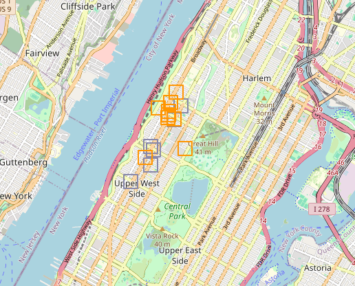 Screenshot of OpenStreetMap with a cluster of squares indicating the locations of map edits that a user made.