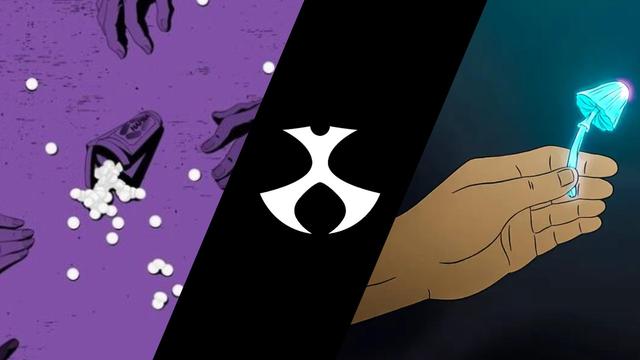A fan-made image by CynicalElysian for the first hour of Toonami (coined as "The Double Dose"), which showcases the Blue Angel Mushroom from "Common Side Effects" and Hapuna from "Lazarus", with the Toonami symbol in the middle.