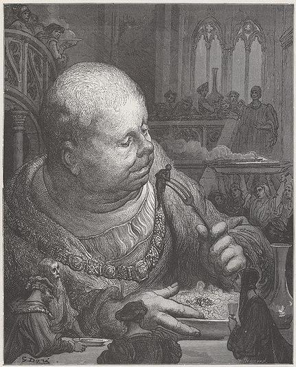 "”Pourquoy? dist Gargantua, ilz sont bons tout ce mois.” Et, tirant le bourdon, ensemble enleva le pellerin & le mangeoit très bien." English translation: "”Why not? said Gargantua, they are good all this month.” Which he no sooner said, but, drawing up the staff, and therewith taking up the pilgrim, he ate him very well." 

Illustration of Gustave Doré for Gargantua by François Rabelais, published in Œuvres de Rabelais (Paris: Garnier Freres, 1873), Book I, vol. 1, ch. XXXVIII, opposite page 116 .

With an expression of benign curiosity, Gargantua lifts a pilgrim on the end of a long staff — whom he proceeds to eat, as the caption suggests: “Why not? said Gargantua, they are good all this month.” Around him, a gathering of nobles, clerics, and onlookers observe the bizarre act with a mixture of astonishment and formality, seated in a grand Gothic hall with pointed arches and vaulted windows in the background.

Doré amplifies the grotesque absurdity and exaggerated proportions typical of Rabelais’ Renaissance satire. The enormous scale of Gargantua in contrast to the minuscule humans around him underscores themes of gluttony, power, and the farcical nature of authority — central to Rabelais' irreverent critique of contemporary society.

https://commons.wikimedia.org/wiki/File:Gustave_Dor%C3%A9_-_Gargantua.jpg