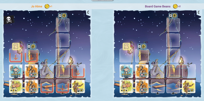 Screenshot of the digital implementation of a board game, Captain Flip. Showing our two boards and the tiles on top of them. We had both placed the same type of board in the same location for this point in the game.